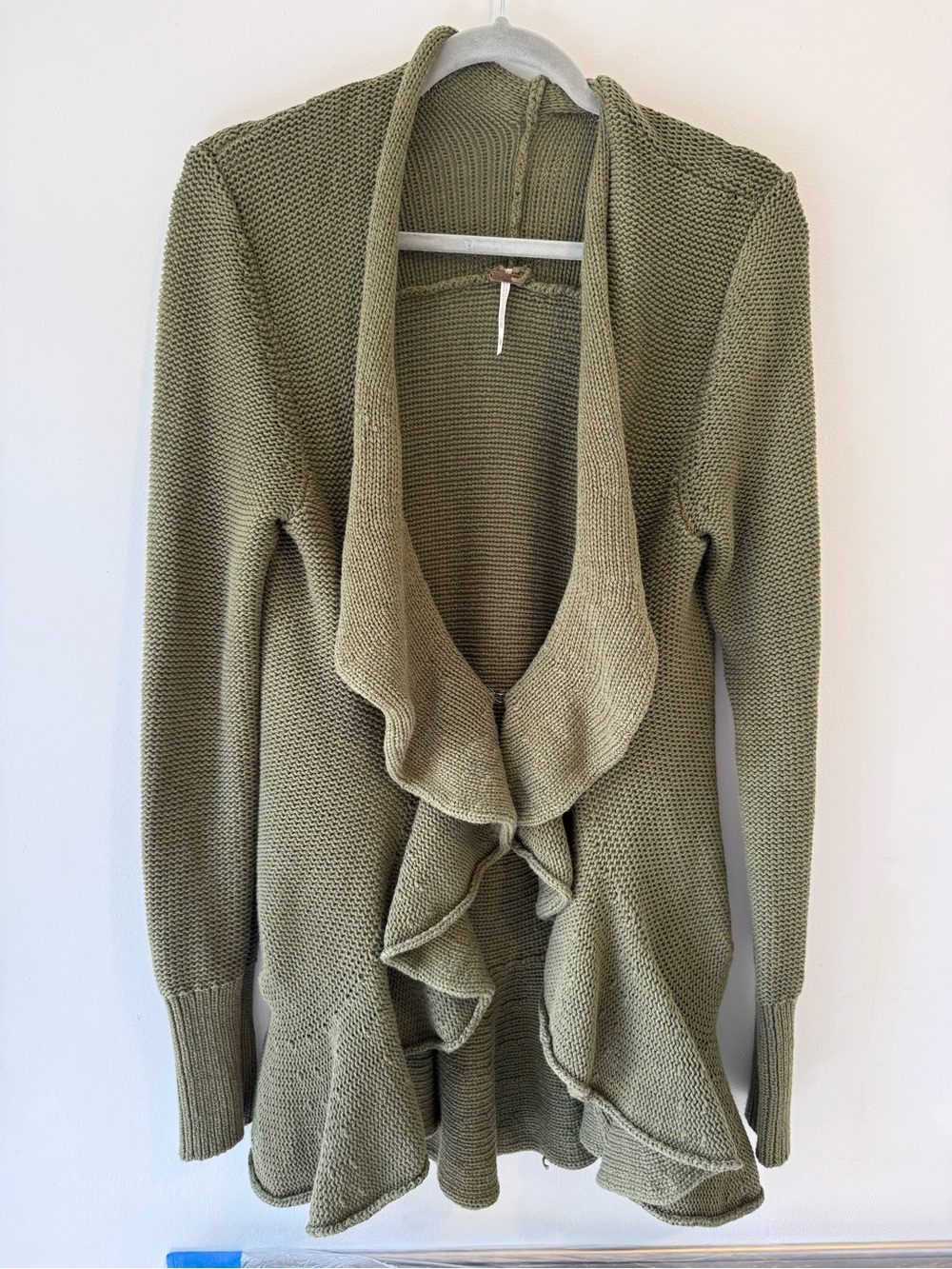 Free People Olive Green Ruffle Waterfall Cardigan 100% Cotton Knit Size L